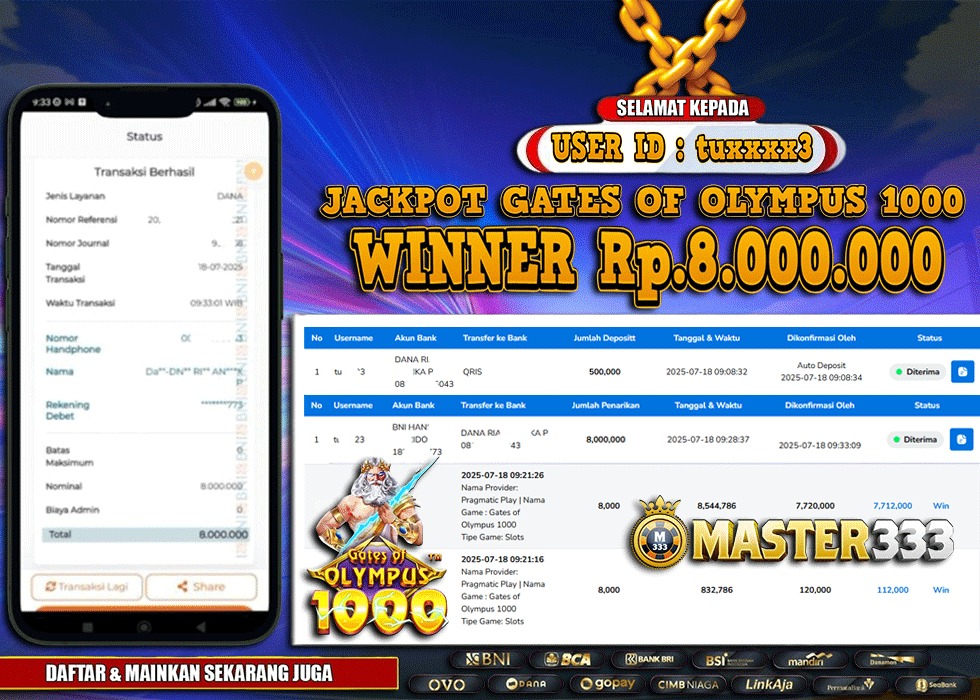 MASTER333 JACKPOT SLOT Gates Of Olympus  Rp.8,000,000.,- LUNAS
