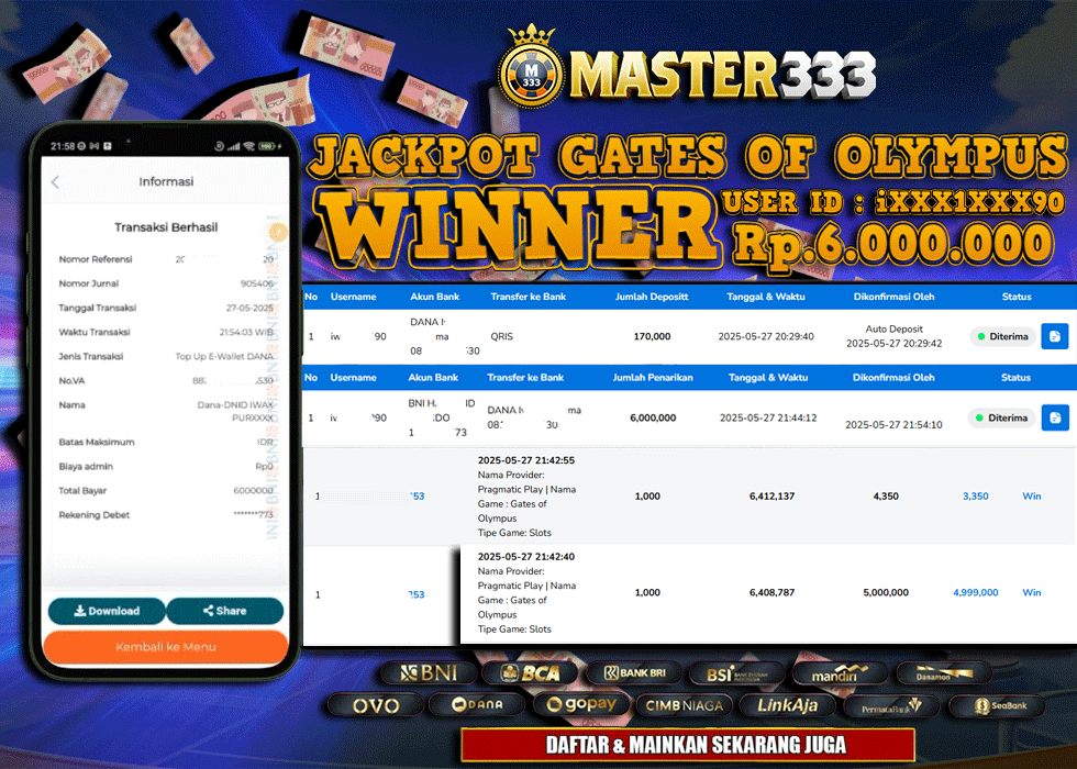 MASTER333 JACKPOT SLOT Gates Of Olympus  Rp.6,000,000.,- LUNAS