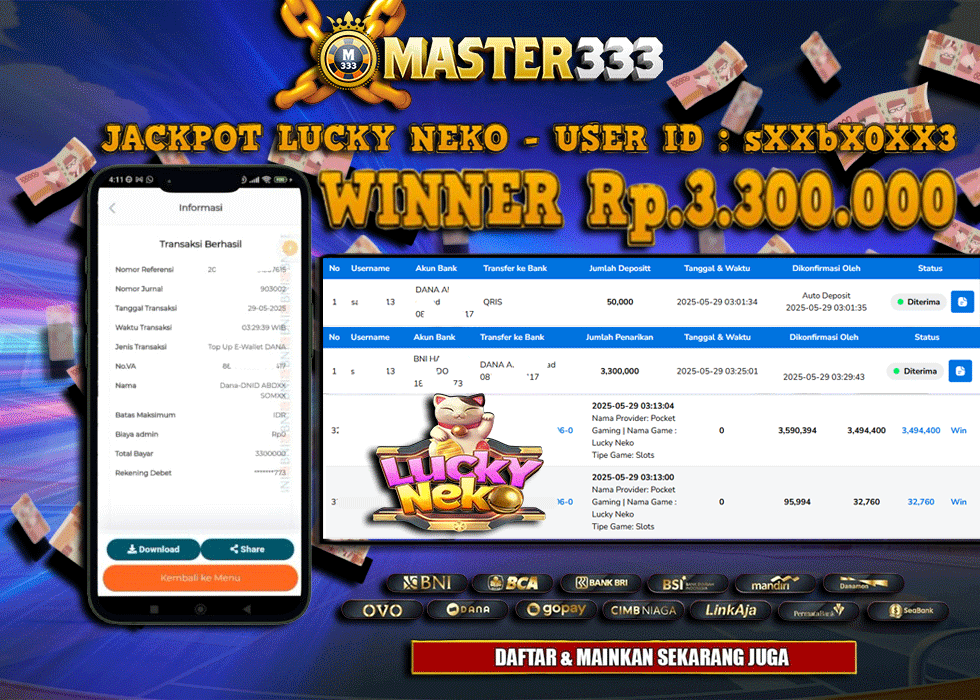 MASTER333 JACKPOT SLOT Lucky Neko  Rp.3,300,000.,- LUNAS