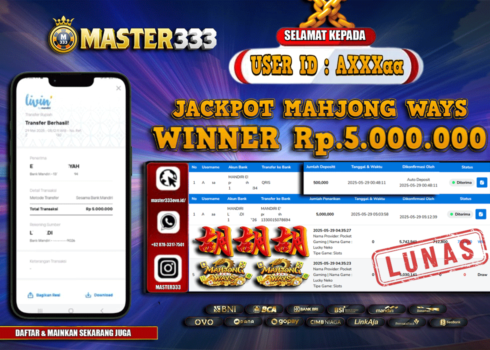 MASTER333 JACKPOT SLOT Mahjong Ways  Rp.5,000,000.,- LUNAS