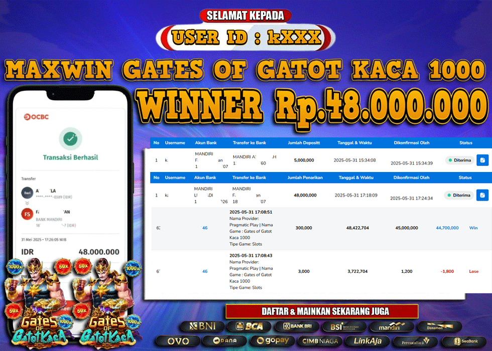 MASTER333 MAXWIN SLOT Gate Of Gatot Kaca 1000   Rp.48,000,000.,- LUNAS