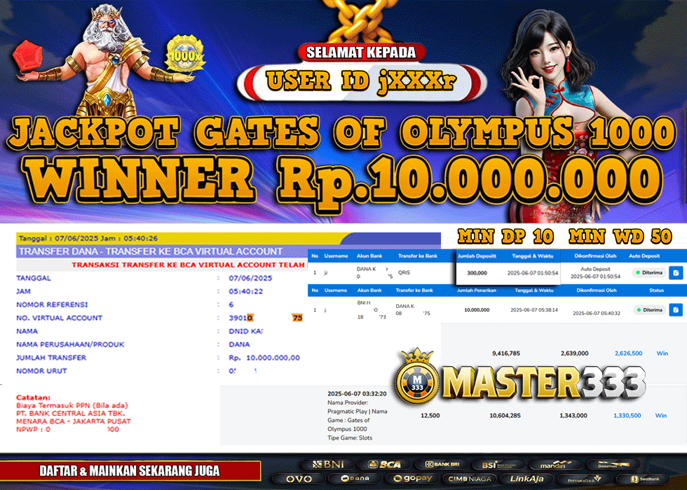 MASTER333 JACKPOT SLOT Gates of Olympus 1000  Rp.10,000,000.,- LUNAS