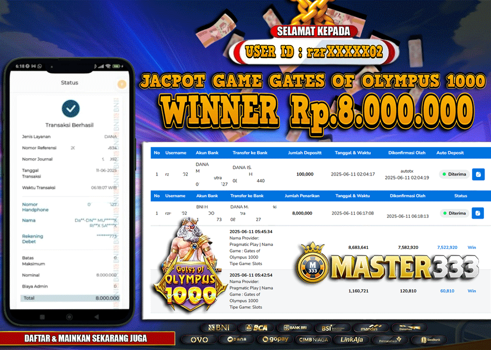 MASTER333 JACKPOT SLOT Gates Of Olympus 1000  Rp.8,000,000.,- LUNAS