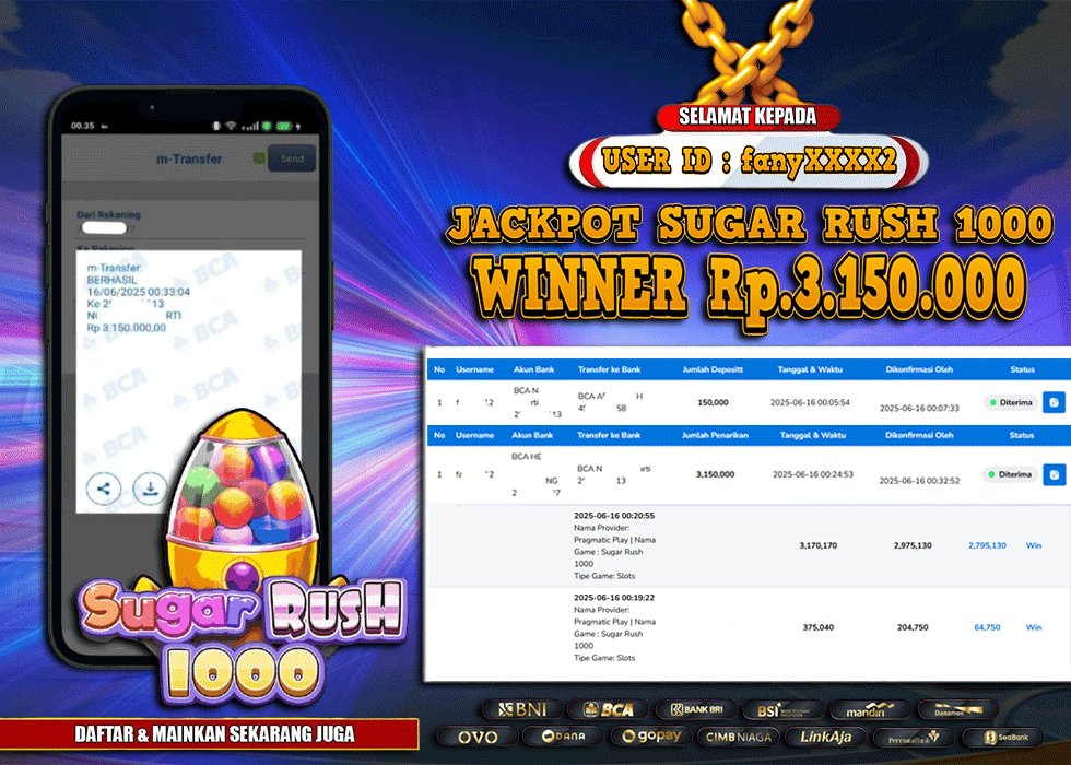 MASTER333 JACKPOT SLOT Sugar Rush 1000  Rp.3,150,000.,- LUNAS