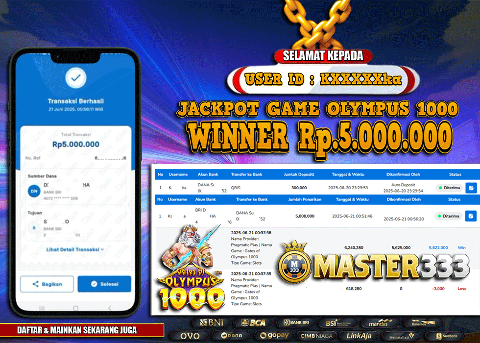 MASTER333 JACKPOT SLOT Olympus 1000  Rp.5,000,000.,- LUNAS