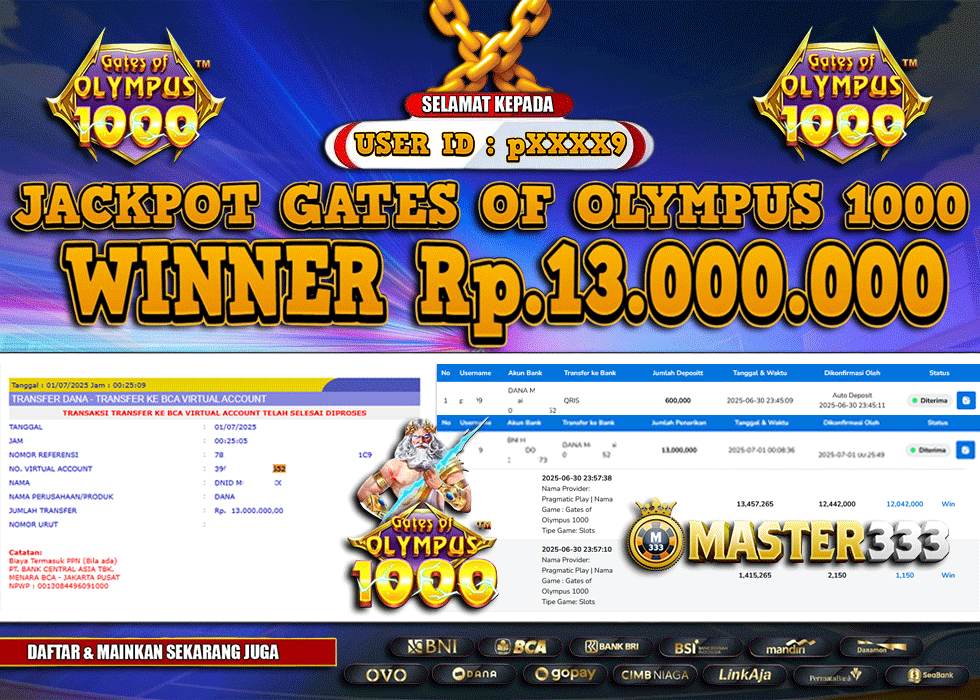 MASTER333 JACKPOT SLOT Gates Of Olympus 1000  Rp.13,000,000.,- LUNAS