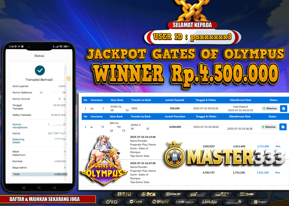 MASTER333 JACKPOT SLOT Gates Of Olympus  Rp.4,500,000.,- LUNAS