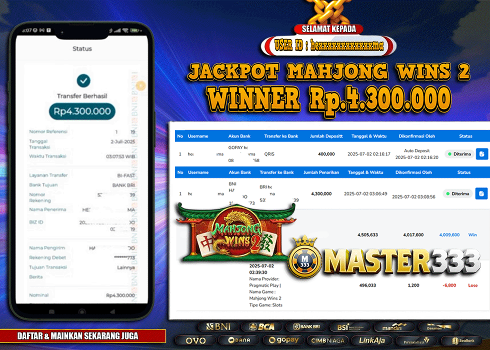 MASTER333 JACKPOT SLOT Mahjong Wins 2  Rp.4,300,000.,- LUNAS