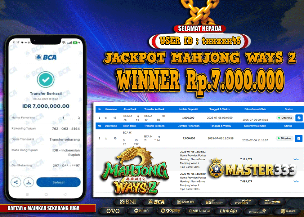 MASTER333 JACKPOT SLOT Mahjong Ways 2  Rp.7,000,000.,- LUNAS
