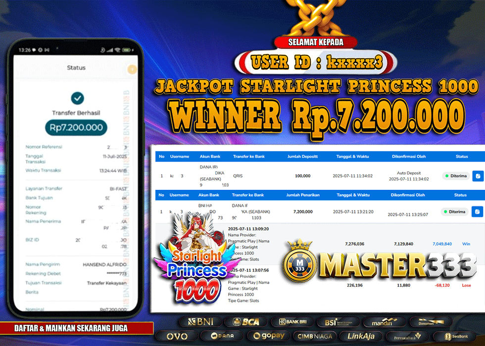 MASTER333 JACKPOT SLOT Starlight Princess 1000  Rp.7,200,000.,- LUNAS