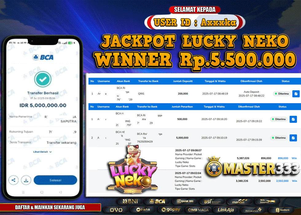 MASTER333 JACKPOT SLOT Lucky Neko  Rp.5,500,000.,- LUNAS