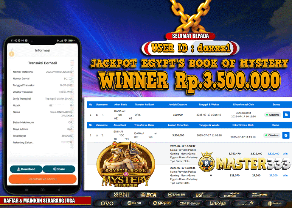 MASTER333 JACKPOT SLOT Egypt's Book Of Mystery  Rp.3,500,000.,- LUNAS
