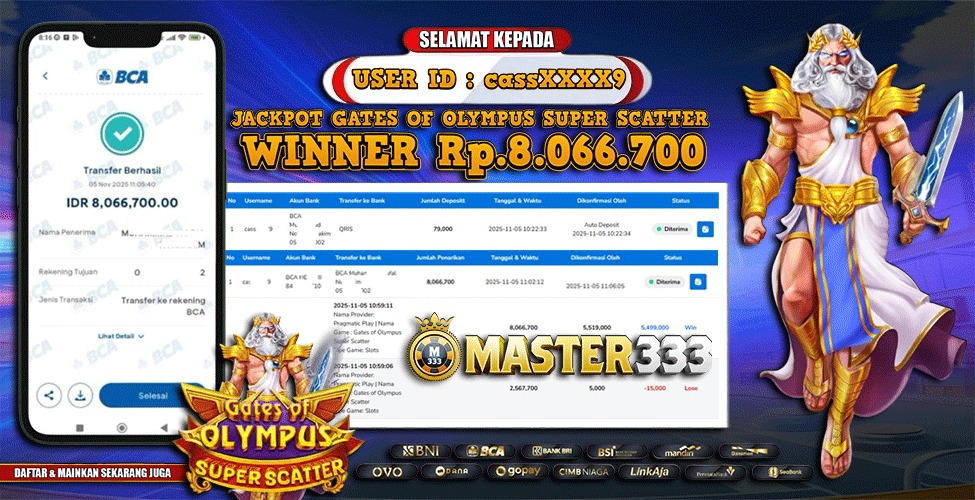 MASTER333 JACKPOT SLOT Gates OF Olympus Super Scatter  Rp.8,066,700.,- LUNAS