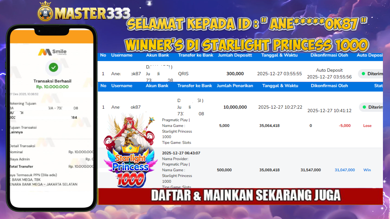 MASTER333 JACKPOT SLOT Starlight Princess 1000  Rp.10,000,000.,- LUNAS