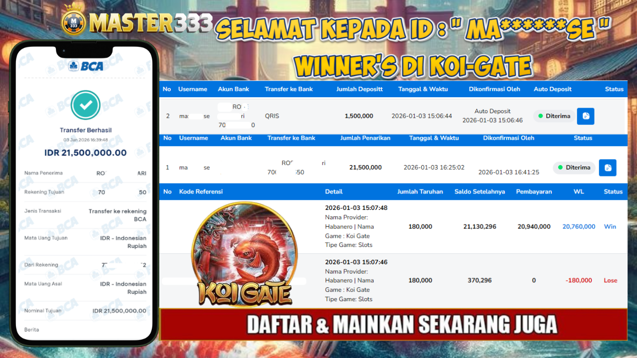 MASTER333 JACKPOT SLOT Koi Gate  Rp.21,500,000.,- LUNAS